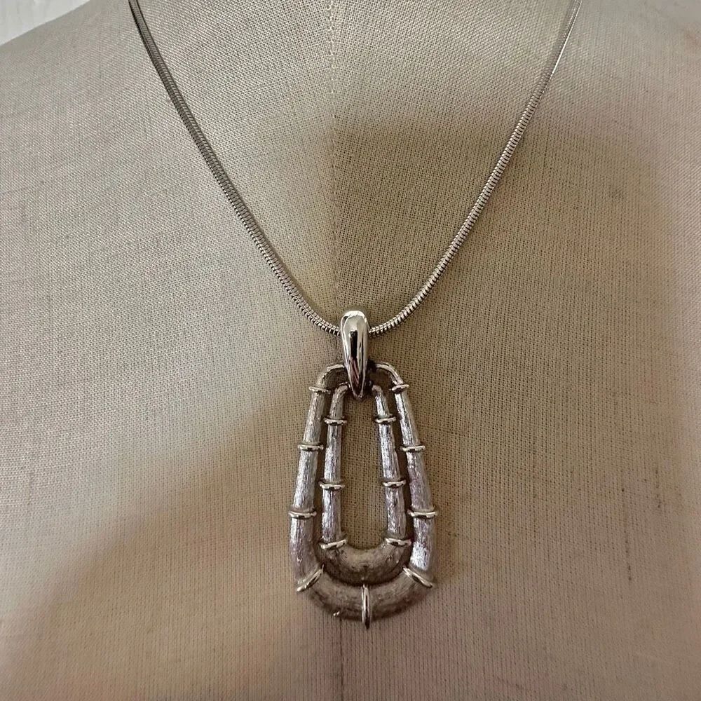 Vintage ROGET™ Modernist Textured Silver-Tone double Loop Pendant Necklace